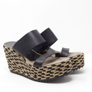 Pedro Garcia Womens Raffia Espadrille Wedge Sandals Black Leather Size 37 / 7